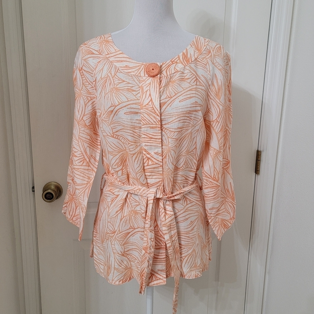 Rafaella Size M Salmon & Ivory Leaf Pattern 100% Linen Button Front Top